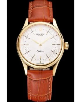 Fake Rolex Cellini White Guilloche Dial Gold Case Light Brown Leather Strap