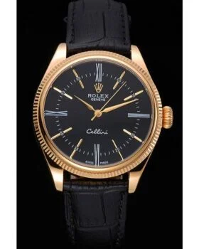 Fake Rolex Cellini Black Dial Gold Case Black Leather Strap 622832