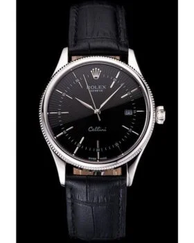 Fake Rolex Cellini Date Black Dial Stainless Steel Case Black Leather Strap