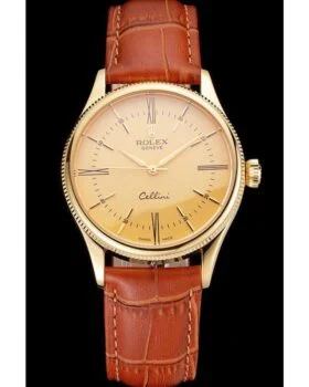 Fake Rolex Cellini Gold Dial Roman Numerals Gold Case Light Brown Leather Strap