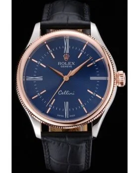 Fake Rolex Cellini Blue Dial Gold Bezel Stainless Steel Case Black Leather Strap 622841