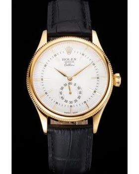 Fake Rolex Cellini White Dial Gold Case Black Leather Strap