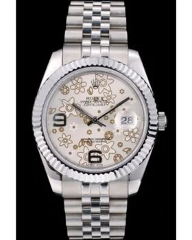 Fake Rolex DateJust Stainless Steel Ribbed Bezel Flower Silver Dial 41983