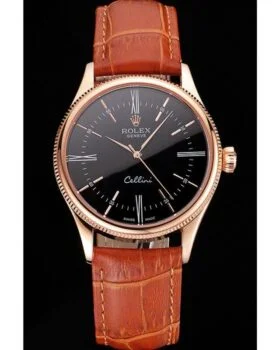 Fake Rolex Cellini Black Dial Roman Numerals Rose Gold Case Light Brown Leather Strap