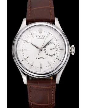 Fake Rolex Cellini White Dial Stainless Steel Case Brown Leather Bracelet 622723