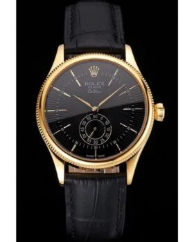 Fake Rolex Cellini Black Dial Gold Case Black Leather Strap