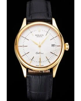 Fake Rolex Cellini Date White Dial Gold Case Black Leather Strap