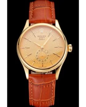 Fake Rolex Cellini Gold Dial Gold Case Light Brown Leather Strap