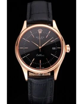 Fake Rolex Cellini Date Black Dial Rose Gold Markings Rose Gold Case Black Leather Strap