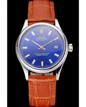 Fake Rolex Datejust Blue Dial Stainless Steel Case Light Brown Leather Strap