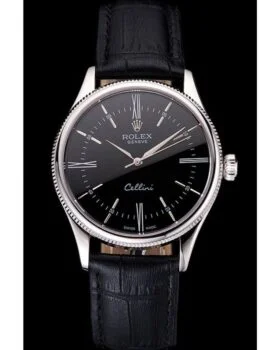 Fake Rolex Cellini Black Dial Roman Numerals Stainless Steel Case Black Leather Strap