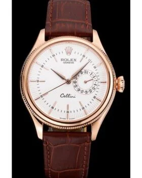 Fake Rolex Cellini White Rose Dial Gold Case Brown Leather Bracelet 622725
