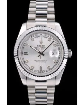 Faux Rolex DayDate Acier inoxydable Lunette striée Cadran argenté 41995