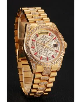 Fake Rolex Day-Date Red Diamond Pave Dial Gold Diamond Bracelet 1453960