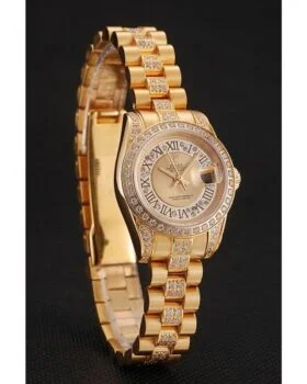 Fake Rolex DayJust Diamond Pave Gold Dial Gold Diamond Bracelet 1453953