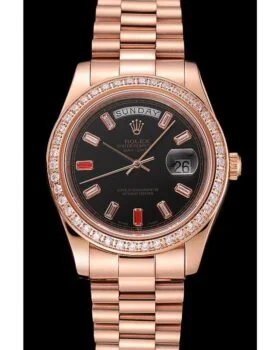 Fake Rolex Day-Date Diamonds And Rubies Black Dial Rose Gold Bracelet 1454102