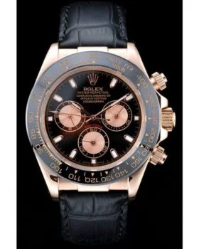 Fake Rolex Daytona Rose Gold Case Black Dial Black Leather Strap