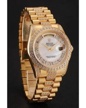 Fake Rolex Day-Date Diamond Pave White Dial Gold Diamond Bracelet 1453958