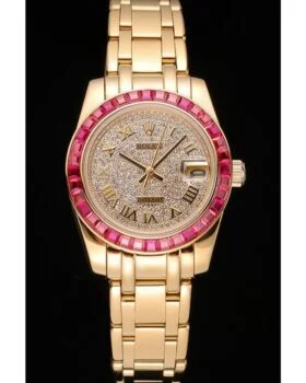 Fake Rolex Datejust Diamond Dial Pink Jewels Bezel Gold Case And Bracelet 622835
