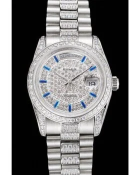 Fake Rolex Day-Date Diamond Pave Dial And Bezel And Stainless Steel Bracelet