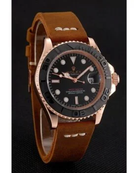 Fake Rolex Yacht-Master Black Dial Rose Gold Case Brown Leather Bracelet 1453861
