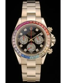 Fake Rolex Daytona Cosmograph Rainbow Crystals Bezel Rose Gold Strap Black Dial 80251