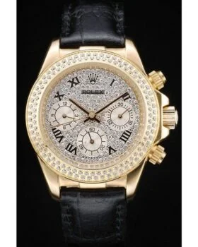 Fake Rolex Daytona Lady Gold Case Crystal Studded Bezel Crystal Studded Dial 98238