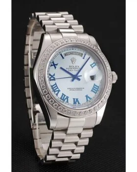 Fake Rolex Day-Date Ice Blue Dial Diamond Case Stainless Steel Bracelet 1453962