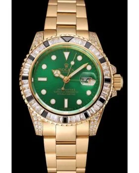 Fake Rolex GMT Master II Green Dial Stone Set Bezel Gold Case And Bracelet 1453748