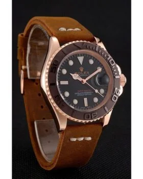 Fake Rolex Yacht-Master Black Dial Brown Bezel Rose Gold Case Brown Leather Bracelet 1453860