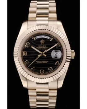 Fake Rolex Day-Date Gold Stainless Steel Ribbed Bezel Black Dial 41998