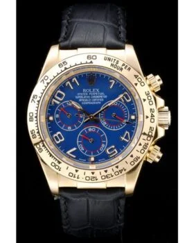 Fake Rolex Daytona Gold Case Blue Dial Black Leather Strap