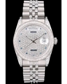 Fake Rolex DayDate Diamond Plated Stainless Steel Bracelet Diamond Plated Dial 41985