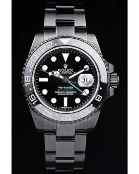Fake Rolex GMT Master II Pro-Hunter Black Steel Strap Black Dial