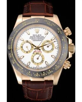 Fake Rolex Cosmograph Daytona Gold Case White Dial Brown Leather Bracelet  622633