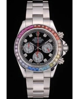 Fake Rolex Daytona Cosmograph Rainbow Crystals Bezel Stainless Steep Strap Black Dial 80250
