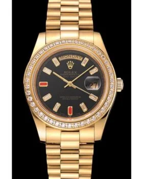 Fake Rolex Day-Date Diamonds And Rubies Black Dial Yellow Gold Bracelet 1454101