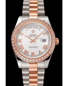 Fake Rolex Day-Date Diamonds Bezel White Dial Rose Gold And Staineless Steel Bracelet 1454108