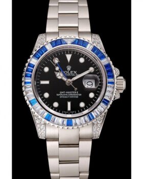 Fake Rolex GMT Master II Black Dial Stone Set Bezel Stainless Steel Case And Bracelet 1453747