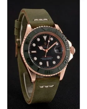 Fake Rolex Yacht-Master Black Dial Green Bezel Rose Gold Case Green Leather Bracelet 1453862