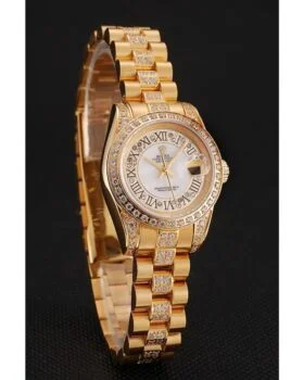 Fake Rolex DayJust Diamond Pave White Dial Gold Diamond Bracelet 1453957