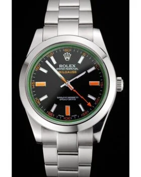 Fake Rolex Milgauss Negro Dial Naranja Marcas Caja de acero inoxidable y pulsera