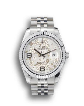 Replica Rolex DateJust Stainless Steel Ribbed Bezel Flower Silver Dial 41983
