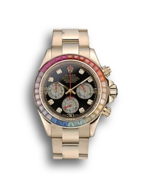 Replica Rolex Daytona Cosmograph Rainbow Crystals Bezel Rose Gold Strap Black Dial 80251