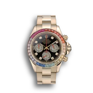 Super Clone Rolex Daytona Cosmograph Rainbow Crystals Bezel Rose Gold Strap Black Dial 80251
