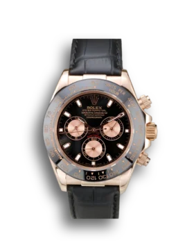 Replica Rolex Daytona Rose Gold Case Black Dial Black Leather Strap