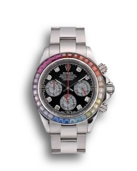 Replica Rolex Daytona Cosmograph Rainbow Crystals Bezel Stainless Steep Strap Black Dial 80250