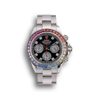 Super Clone Rolex Daytona Cosmograph Rainbow Crystals Bezel Stainless Steep Strap Black Dial 80250