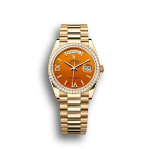Rolex Day-Date: 36 mm, Yellow gold, with a carnelian, Diamond-set dial, Diamond-set bezel and a President bracelet, m128348rbr-0049