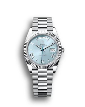 Replica Rolex Day-Date: 40 mm, Platinum with an ice-blue dial, Fluted bezel and a President bracelet, m228236-0012